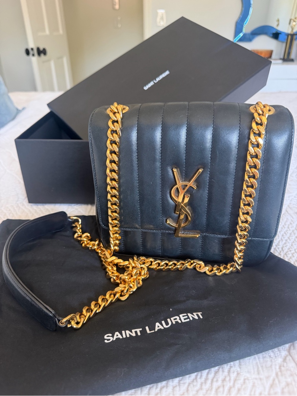 Saint Laurent YSL Vicky Medium Black Lambskin Leather Chain Shoulder Bag